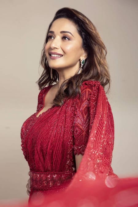 Shop_Ritika Mirchandani_Red Crepe Silk And Net Embroidery Bead Lehenga Saree With Blouse  _at_Aza_Fashions