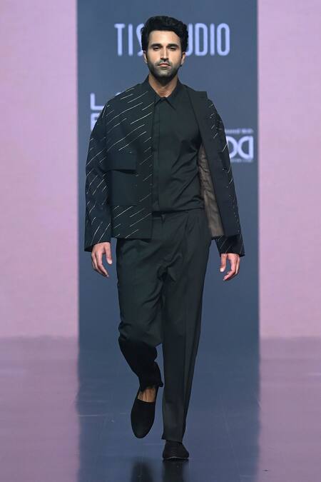 Shop_Tisa - Men_Black Terrycloth, Cotton Embroidery Stripe Bandhgala Jacket And Pant Set_at_Aza_Fashions