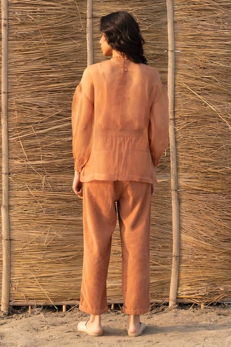 Shop Ayaka Brown Silk Organza, Viscose Embroidery Round Neck Floral Sheer Top at Aza Fashions Shop_Ayaka_Brown Silk Organza, Viscose Embroidery Round Neck Floral Sheer Top _at_Aza_Fashions