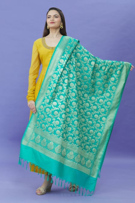 Shop_Naintara Bajaj_Green Brocade, Silk Sequins Woven Dupatta _at_Aza_Fashions