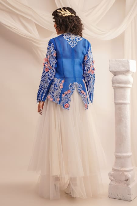 Shop Jajaabor Blue Silk Organza Embroidery Athena Cowl Neck Jacket at Aza Fashions Shop_Jajaabor_Blue Silk Organza Embroidery Athena Cowl Neck Jacket _at_Aza_Fashions