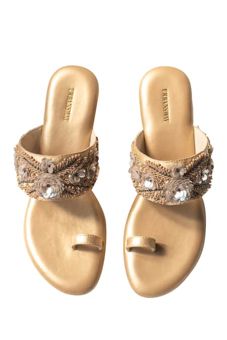 Shop Urbansway Gold Embroidery Floral Wedges at Aza Fashions Shop_Urbansway_Gold Embroidery Floral Wedges _at_Aza_Fashions