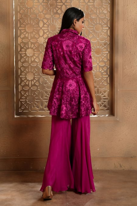 Omana By Ranjana Bothra Collin Dori Embroidered Peplum Jacket Gharara Set 