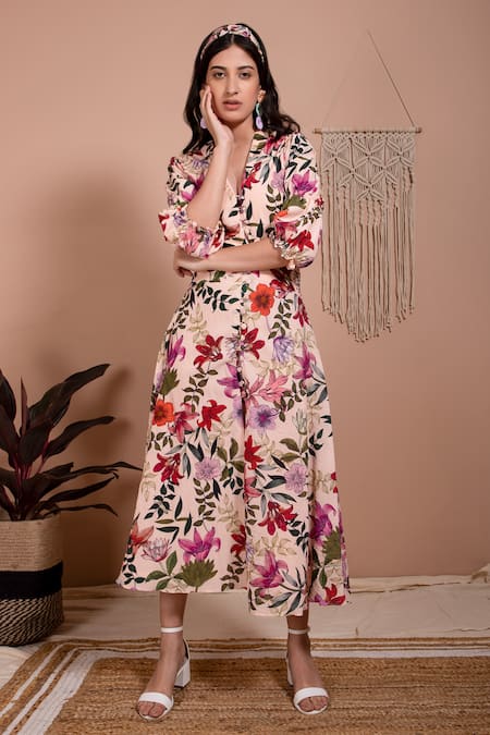 Aroop Shop India_Pink Tencel V-neck Amelia Button Down Dress _Online_at_Aza_Fashions