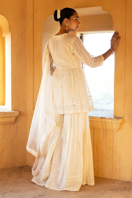 Shop_Preevin_Off White Cotton, Tulle, Net Embroidery Linear Pattern Peplum Angrakha Set _at_Aza_Fashions