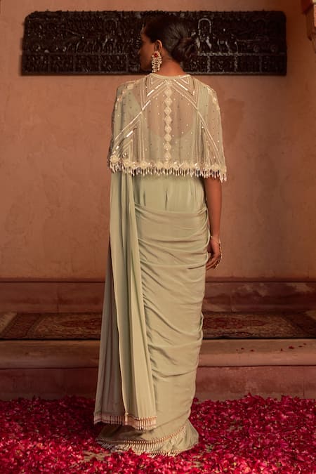 Nidhika Shekhar Bahu Mela Embroidered Cape Pre-Draped Saree Set 