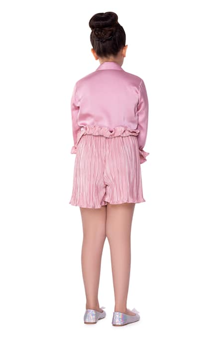 Shop Littlecheer Pink Satin Hotsy Frilled Pleated Jumpsuit at Aza Fashions Shop_Littlecheer_Pink Satin Hotsy Frilled Pleated Jumpsuit _at_Aza_Fashions