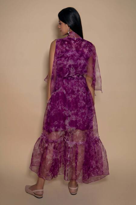 Shop_Ranng Label_Purple Organza Ruffles Turtle Neck Tie Dye Sheer Dress _at_Aza_Fashions