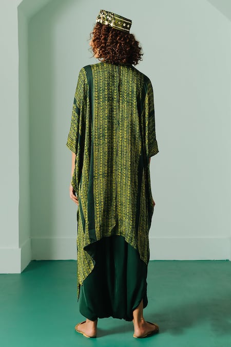 Shop Prahnaaya Green Satin Sequins, Ajrakh Hand Block Print Kaftan Tunic And Dhoti Skirt Set at Aza Fashions Shop_Prahnaaya_Green Satin Sequins, Ajrakh Hand Block Print Kaftan Tunic And Dhoti Skirt Set _at_Aza_Fashions