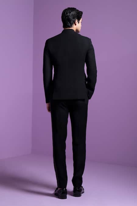 Shop_Contrast By Parth_Black Cotton, Wool Crystals Dazzle Shadow Bandhgala With Pant _at_Aza_Fashions