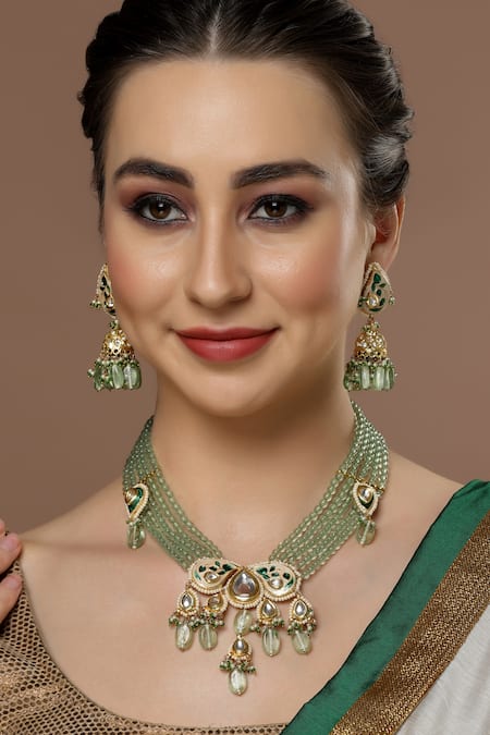 Shop Dugran By Dugristyle Green Pearls, Lace, Stones Meenakari Paisley Embellished Jhumkas at Aza Fashions Shop_Dugran By Dugristyle_Green Pearls, Lace, Stones Meenakari Paisley Embellished Jhumkas _at_Aza_Fashions
