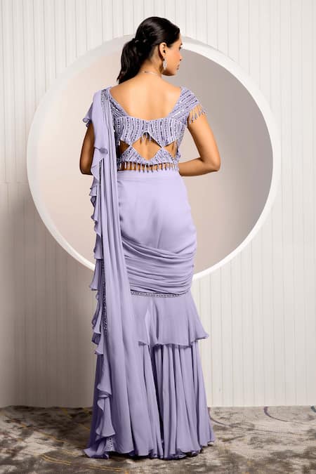 Jade By Ashima Purple Ruffle Pre-Draped Gharara Saree Set 