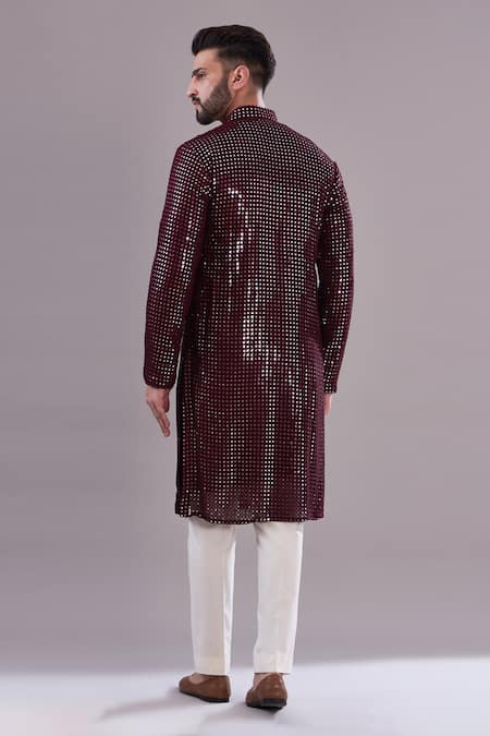 Shop Kasbah Maroon Georgette, Cotton Mirrors Embroidered Straight Kurta at Aza Fashions Shop_Kasbah_Maroon Georgette, Cotton Mirrors Embroidered Straight Kurta_at_Aza_Fashions