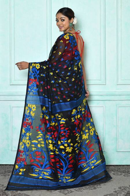 Shop_Samyukta Singhania_Black Silk, Cotton Floral Jamdani Woven Saree_at_Aza_Fashions