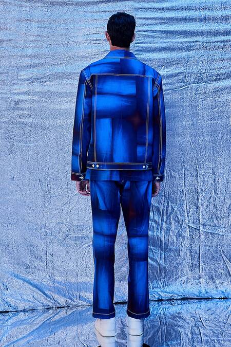 Shop_Line Out Line_Blue Cotton Printed And Embroidered Haze & Thread Stitch Work Bomber Jacket_at_Aza_Fashions