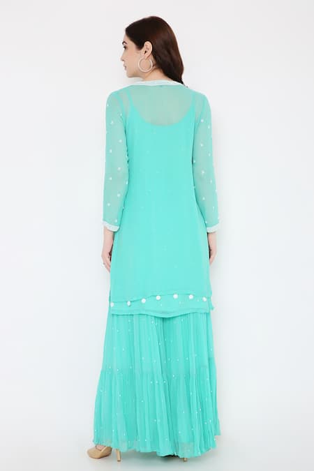 Shop Bha Sha Blue Georgette, Net Sequins, Chandani Full Sleeve Embroidered Jacket Sharara Set at Aza Fashions Shop_Bha Sha_Blue Georgette, Net Sequins, Chandani Full Sleeve Embroidered Jacket Sharara Set _at_Aza_Fashions