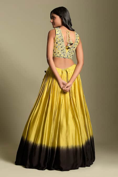 Shop Two Sisters By Gyans Black Crepe, Dupatta Net Mirror And Resham Ombre Lehenga Embroidered Blouse Set at Aza Fashions Shop_Two Sisters By Gyans_Black Crepe, Dupatta Net Mirror And Resham Ombre Lehenga Embroidered Blouse Set _at_Aza_Fashions