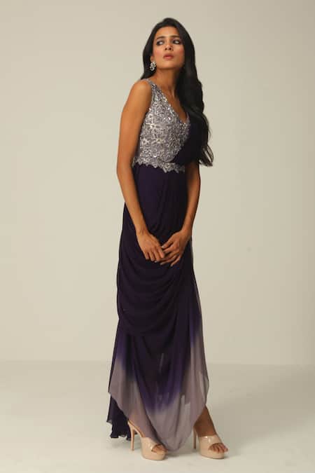 Shop_Rishi and Soujit_Purple Georgette And Organza Embroidery Cutdana Scoop Ombre Saree Gown With Belt _at_Aza_Fashions