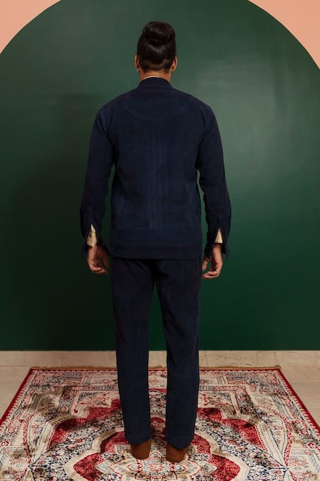 Shop_Artless_Blue Organic Corduroy Plain Cozy Mandarin Collar Jacket_at_Aza_Fashions