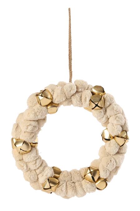 Shop_Amoliconcepts_Off White Chenille Yarn Pompoms And Iron Bells Wreath With_at_Aza_Fashions