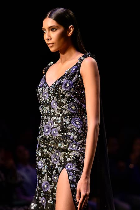 Nachiket Barve Moonflower Backless Cape Gown 