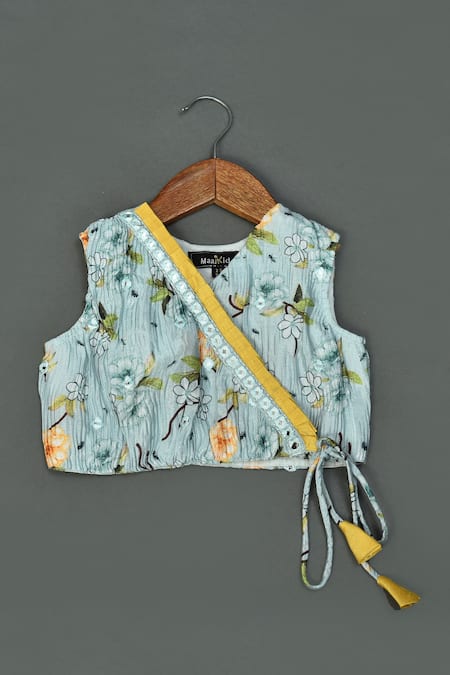 Shop_Maaikid_Blue Silk, Cotton Mirrors Floral Pattern Top And Palazzo Set _at_Aza_Fashions