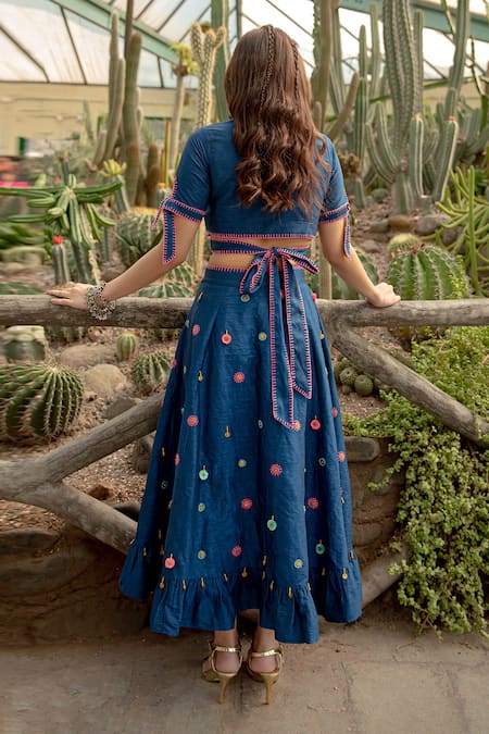 Shop_Kacha Tanka_Blue Silk Embroidery V-neck Wrap Style Top And Flower Motif Skirt _at_Aza_Fashions
