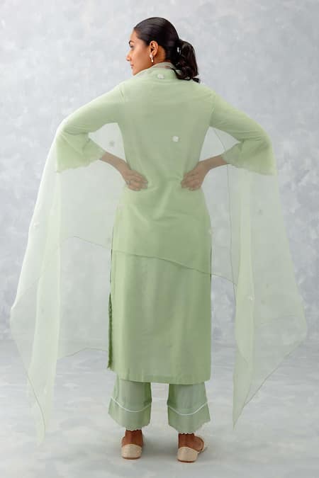 Shop Devnaagri Green Cotton, Organza, Embroidery, Cut Thread Pintucked Kurta Set at Aza Fashions Shop_Devnaagri_Green Cotton, Organza, Embroidery, Cut Thread Pintucked Kurta Set _at_Aza_Fashions
