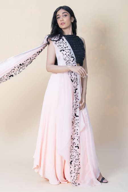 Shop PIRI INDIA Pink Organza, Georgette Border Embroidered Pre-draped Saree With Black Crop Top at Aza Fashions Shop_PIRI INDIA_Pink Organza, Georgette Border Embroidered Pre-draped Saree With Black Crop Top _at_Aza_Fashions