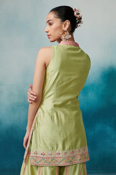 Shop_SUHINO_Green Silk, Organza Gota Patti, Embroidery, Mirrors Geometric Kurta Gharara Set _at_Aza_Fashions