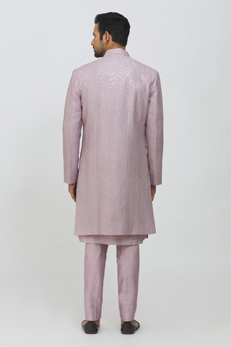 Shop_Priti Sahni_Purple Silk Sequins, Embroidery Sherwani Pant Set _at_Aza_Fashions