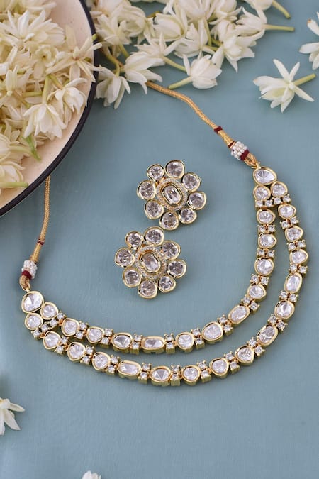 Shop_Swabhimann_White Zari Layered Embellished Necklace Set _at_Aza_Fashions