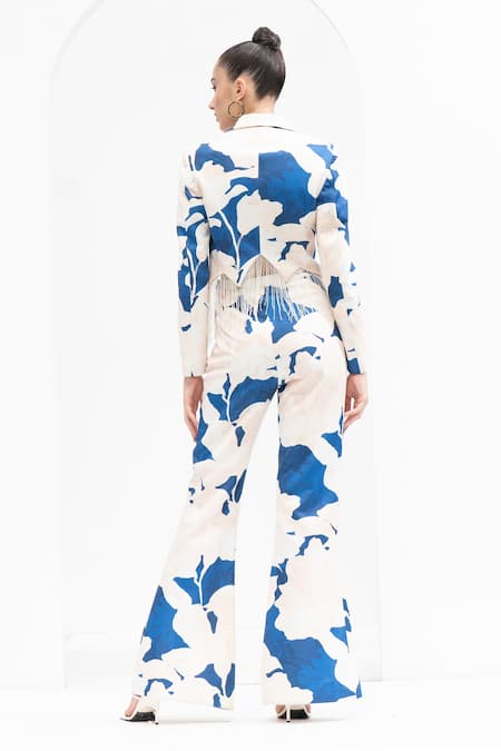 Mandira Wirk Resort_Blue Faux Leather Tassels Collared Mystic Texture Print Jacket And Pant Set _Online_at_Aza_Fashions