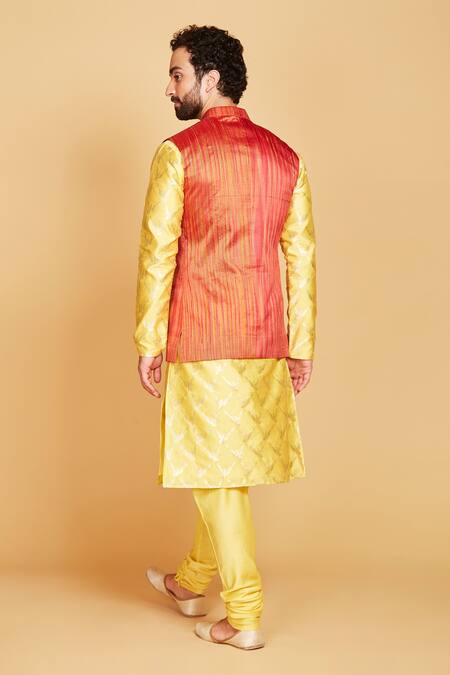 Shop Amrin Khan Orange Jacket Raw Silk, Kurta Banarasi Floral, Stripe Pattern Bundi And Set at Aza Fashions Shop_Amrin Khan_Orange Jacket Raw Silk, Kurta Banarasi Floral, Stripe Pattern Bundi And Set _at_Aza_Fashions