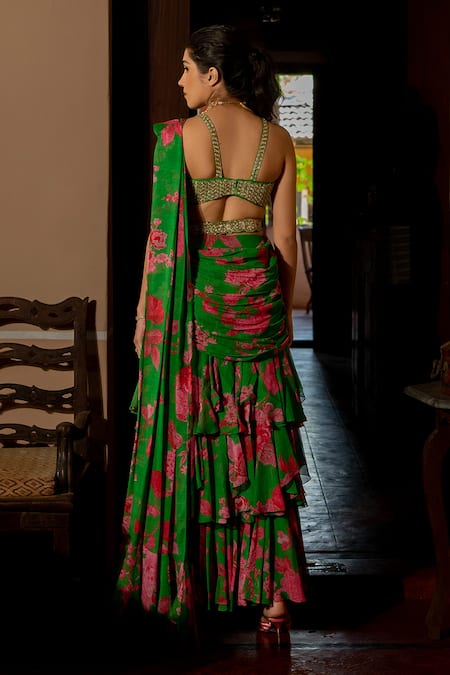 Paulmi And Harsh Full Bloom Floral Print Pre-Draped Saree Set 