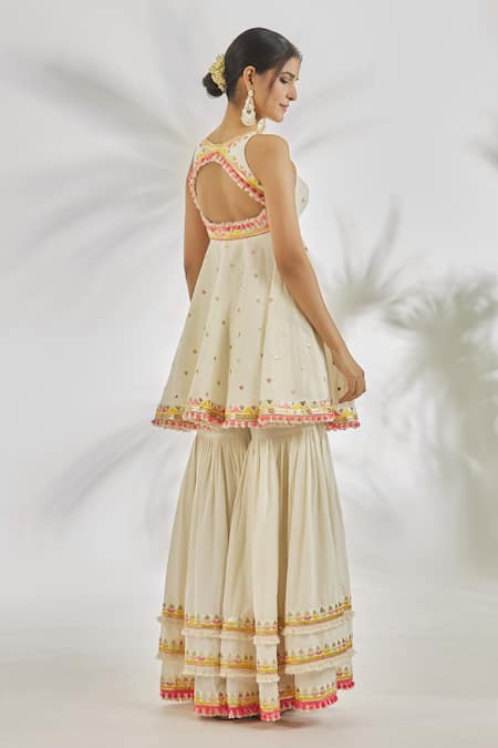 Shop_Gopi Vaid_Ivory Cotton Sequins, Mirrors, Embroidery, Ruhi Peplum Kurta And Sharara Set _at_Aza_Fashions