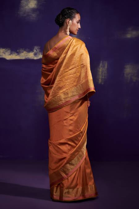 Shop Dressfolk Orange Handloom Silk (100% Pure, Satin Weave) Woven Saree With Running Blouse at Aza Fashions Shop_Dressfolk_Orange Handloom Silk (100% Pure, Satin Weave) Woven Saree With Running Blouse_at_Aza_Fashions