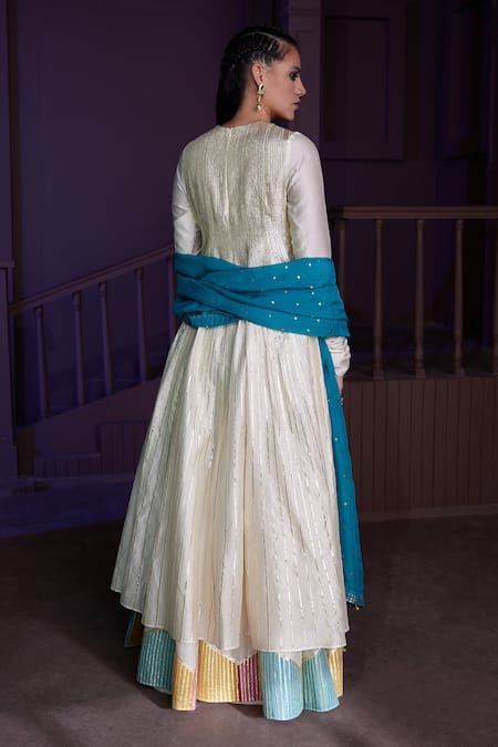 Shop Pratibha Sultania White Chanderi Embellished Gota Round Anarkali Set at Aza Fashions Shop_Pratibha Sultania_White Chanderi Embellished Gota Round Anarkali Set_at_Aza_Fashions