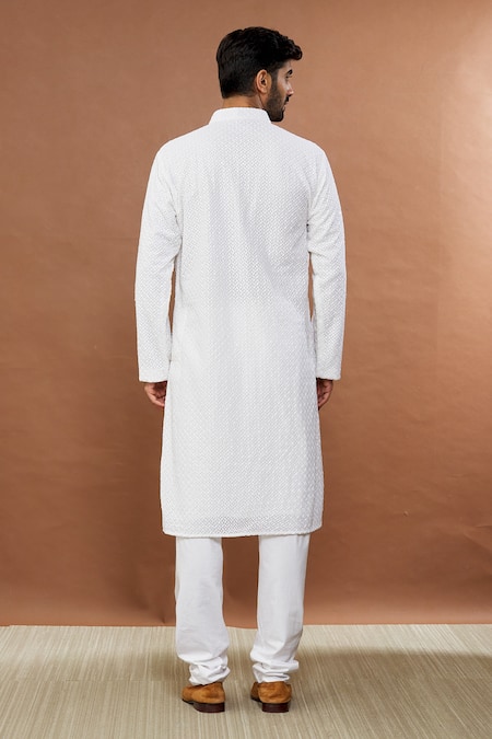Shop Aham-Vayam White Cotton Sequins Ahimsa Embroidered Kurta And Churidar Set at Aza Fashions Shop_Aham-Vayam_White Cotton Sequins Ahimsa Embroidered Kurta And Churidar Set _at_Aza_Fashions
