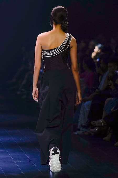 Shop Nitin Bal Chauhan Black Silk, Cotton Embroidery 3d Cord Work One Shoulder Top And Pant Set at Aza Fashions Shop_Nitin Bal Chauhan_Black Silk, Cotton Embroidery 3d Cord Work One Shoulder Top And Pant Set _at_Aza_Fashions