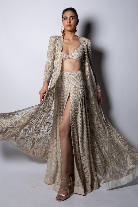 Ritika Mirchandani Kiana Geometric Pattern Long Jacket & Skirt Set 
