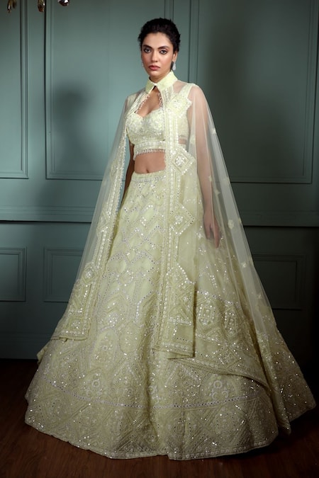 Shop Pallavi Poddar Green Tulle Beads, Mirrors Sweetheart Neck Gamma Embroidered Cape Lehenga Set at Aza Fashions Shop_Pallavi Poddar_Green Tulle Beads, Mirrors Sweetheart Neck Gamma Embroidered Cape Lehenga Set _at_Aza_Fashions