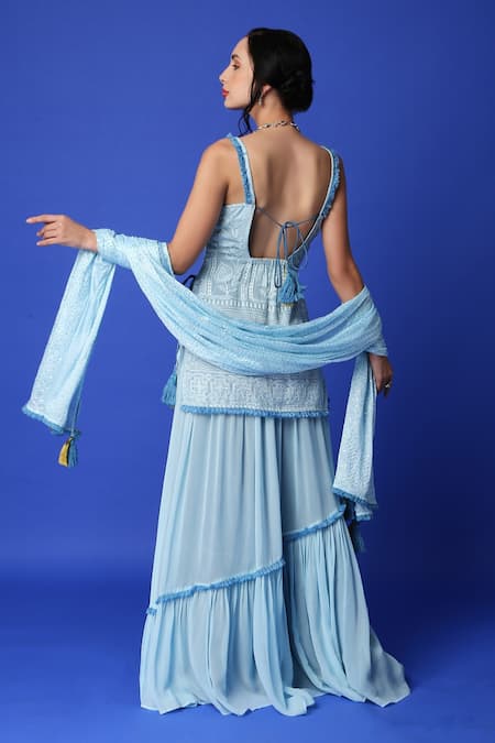 Shop_Monk & Mei By Sonia Anand_Blue Georgette Lace, Tassels, Embroidery Square Neck Kurta Lehenga Set _at_Aza_Fashions