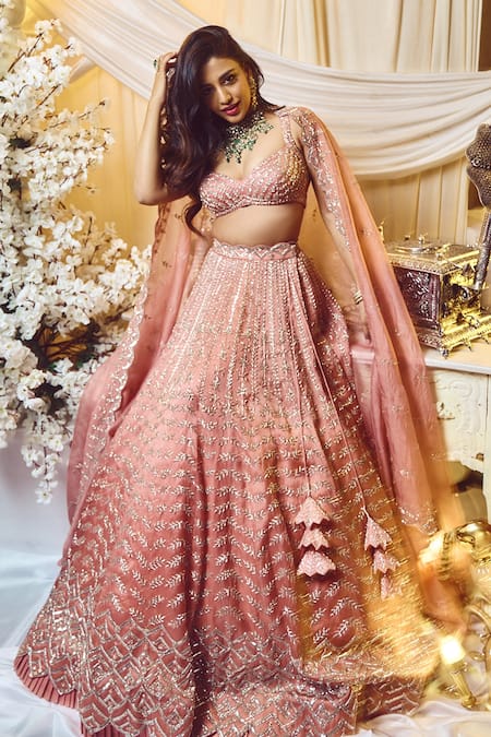 Varun Chakkilam Pink Silk Organza Embroidery, Tassels V-neck Chevron Pattern Bridal Lehenga Set 