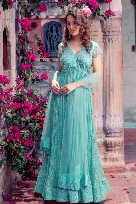 Shop Show Shaa Blue Chiffon, Crepe, Net Cut Work V-neck Floral Print Anarkali With Dupatta at Aza Fashions Shop_Show Shaa_Blue Chiffon, Crepe, Net Cut Work V-neck Floral Print Anarkali With Dupatta _at_Aza_Fashions