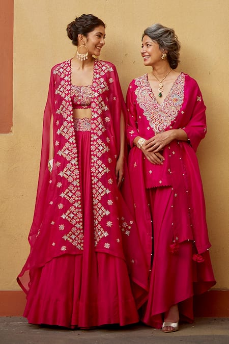 Mrunalini Rao Pink Silk Embroidery, Sequins Round Neck Resham Cape Lehenga Set Online at Aza Fashions Mrunalini Rao_Pink Silk Embroidery, Sequins Round Neck Resham Cape Lehenga Set _Online_at_Aza_Fashions
