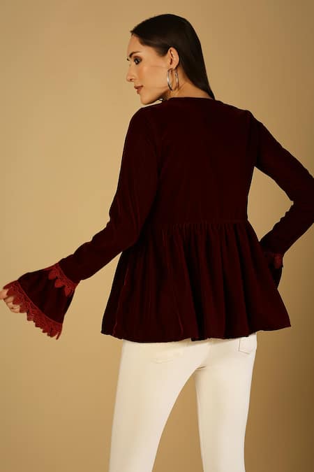 Shop Monk & Mei By Sonia Anand Maroon Velvet Lace Round Neck Taj Peplum Jacket at Aza Fashions Shop_Monk & Mei By Sonia Anand_Maroon Velvet Lace Round Neck Taj Peplum Jacket _at_Aza_Fashions