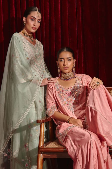 Shop Ajiesh Oberoi Pink Silk, Organza Beads, Lace Round Manu Floral Embroidered Kurta And Gharara Set at Aza Fashions Shop_Ajiesh Oberoi_Pink Silk, Organza Beads, Lace Round Manu Floral Embroidered Kurta And Gharara Set _at_Aza_Fashions