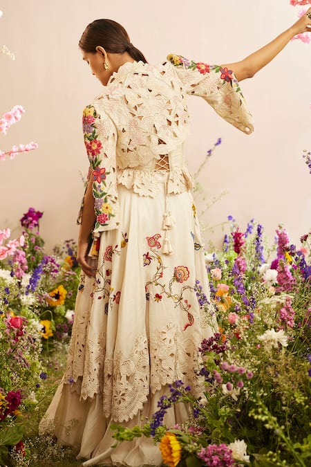 Shop_Chandrima_Ivory Chanderi Embroidery, Tassels Floral Thread Layered Lehenga _at_Aza_Fashions