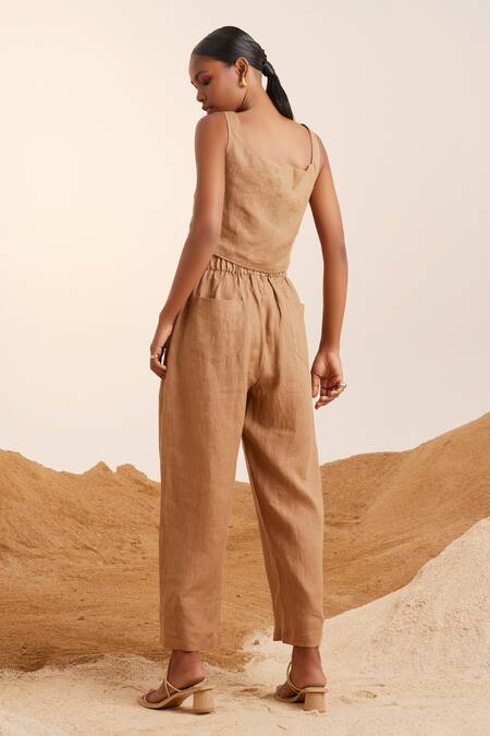 Shop Cord Brown Linen Drawstring Waist Pant at Aza Fashions Shop_Cord_Brown Linen Drawstring Waist Pant_at_Aza_Fashions